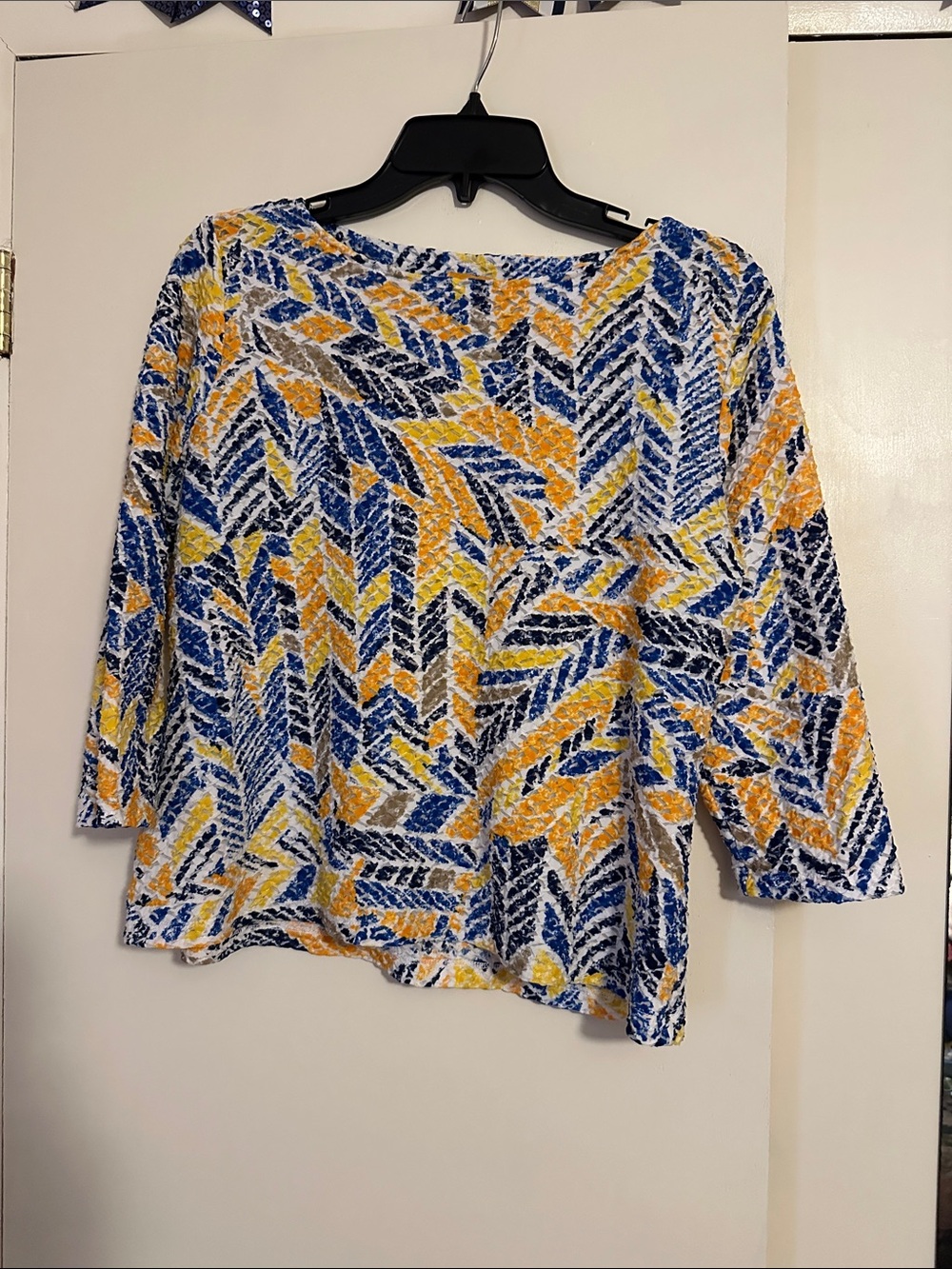 Ruby Rd. Blue Yellow White Patterned Boatneck Blouse
